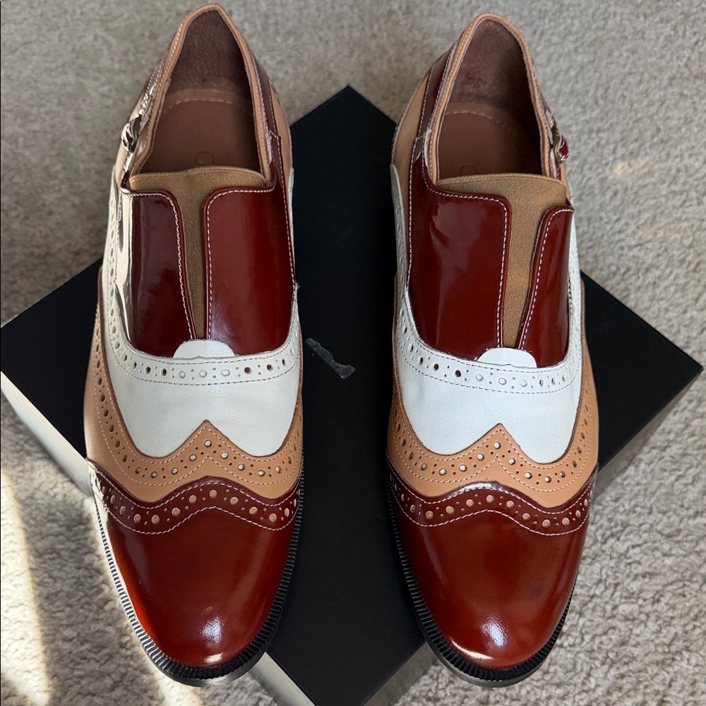 Tri-Color Leather Wingtip Slip-On Oxfords — Brown, White, Tan